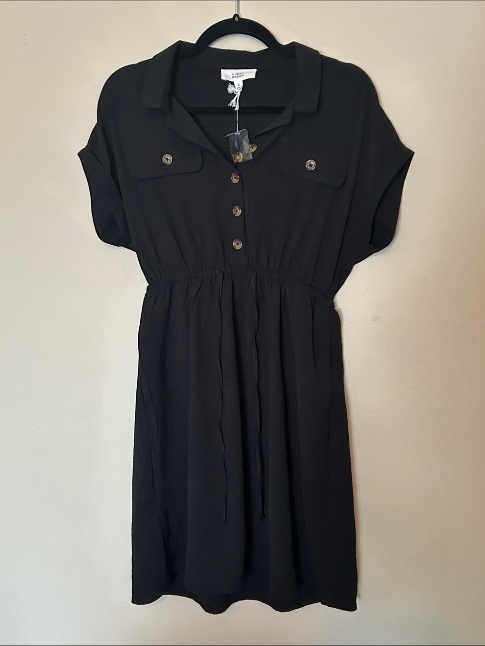 Lucky Brand Black Collared Short Sleeve Drawstring Mini Dress